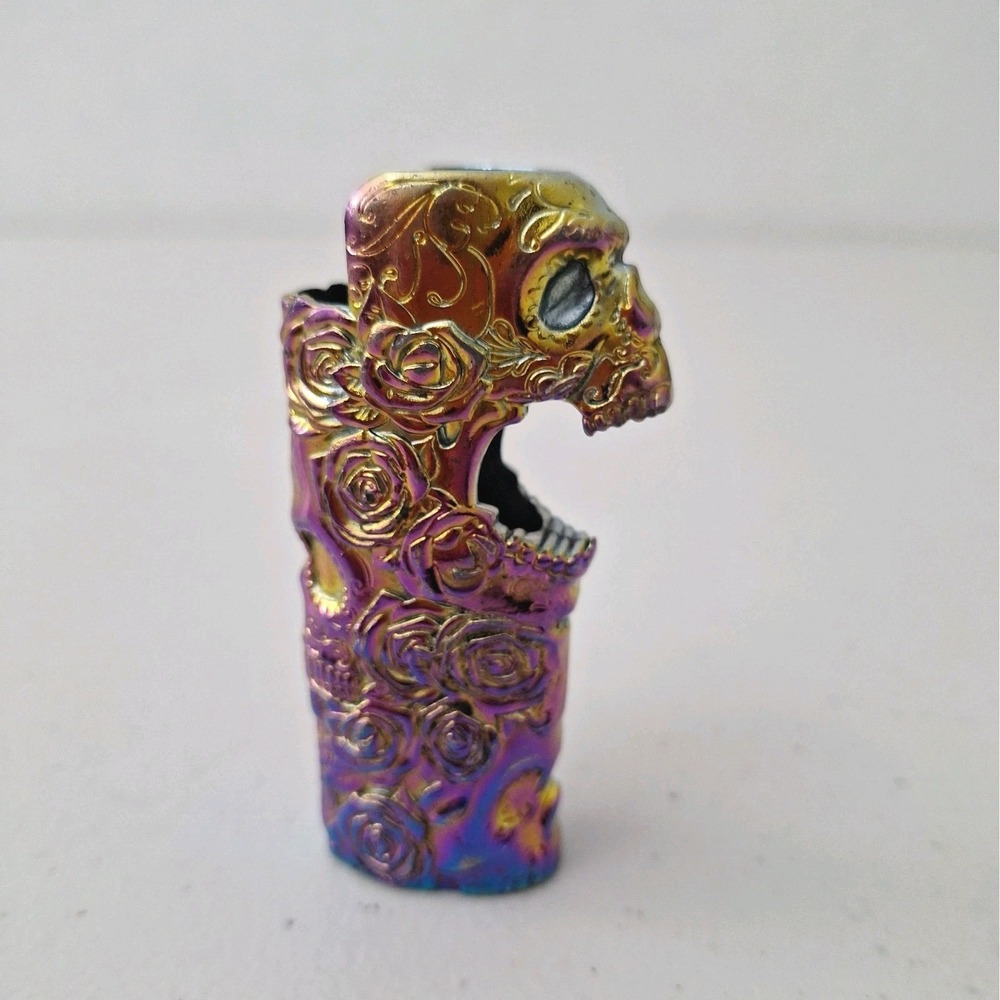 Metal Iridescent Lighter Case Cover Holder Fits Bic Metallic Skull Heavy Vtg